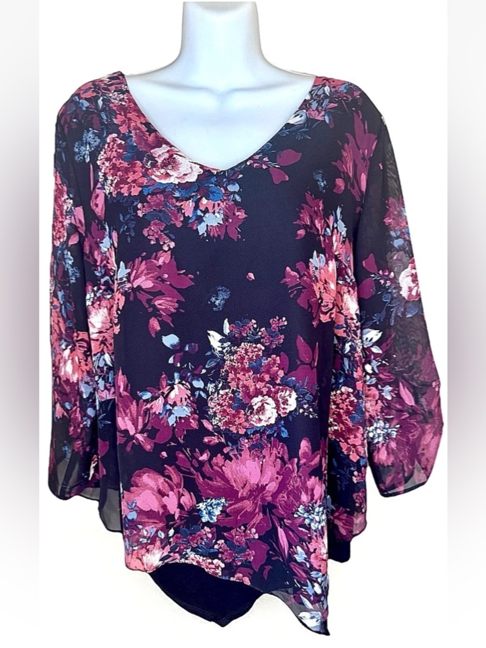 🏙️APT. 9🏙️ FLORAL CHIFFON LAYERED HANDKERCHIEF HEM RUCHED 3/4 SLEEVE V-NECK TOP